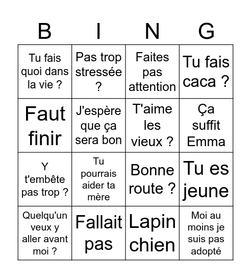 Bingo des vieux Bingo Card
