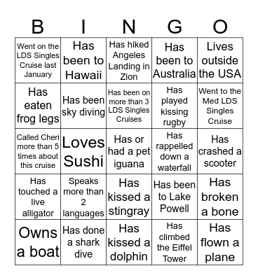 LDS Singles Cruise Bingo Card