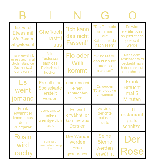 Rosins Restaurant Bingo Card