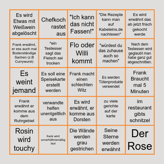Rosins Restaurant Bingo Card