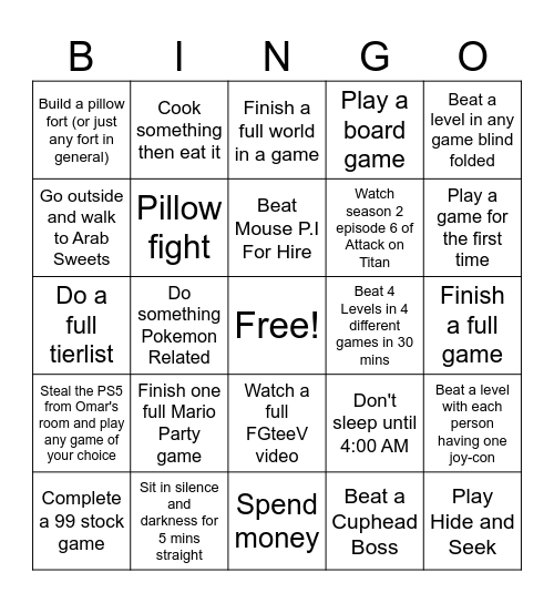 Sleep Over Bingo Card