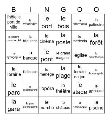 Places around town in French Bingo Card