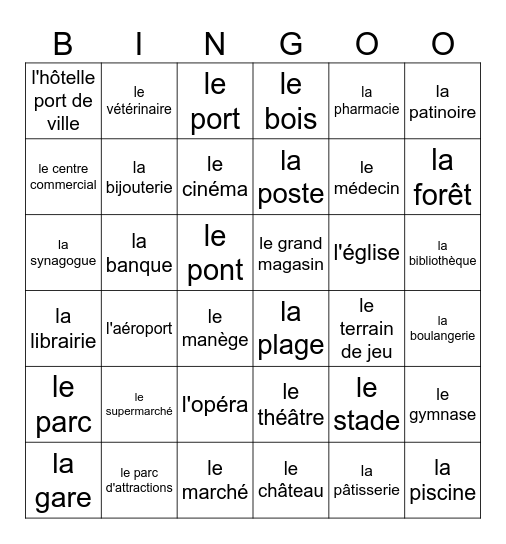 Places around town in French Bingo Card