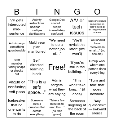 PA Day Bingo Card