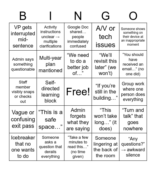 PA Day Bingo Card