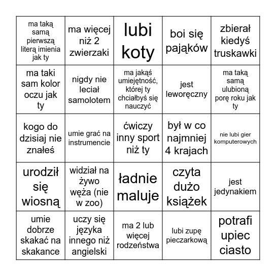 Znajdź kogoś kto ... Bingo Card