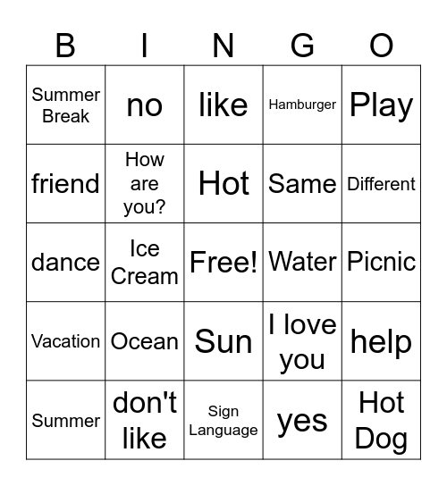 Sign Language Bingo Card