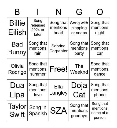 Today's Top Hits Bingo Card