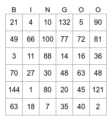 Multiplication Bingo Card