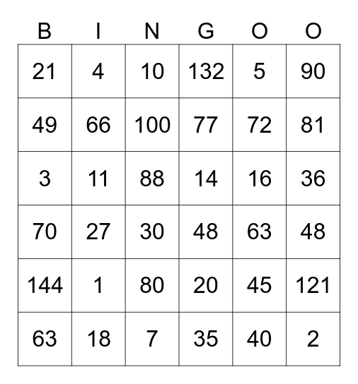 Multiplication Bingo Card