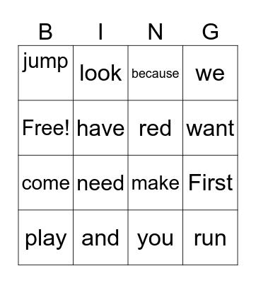 Sight Words Bingo Card