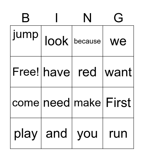 Sight Words Bingo Card