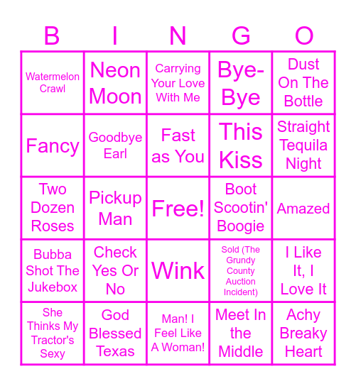 90's Country Hits Bingo Card