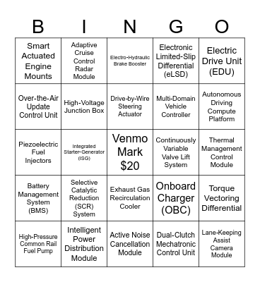Automotive Bingo Card