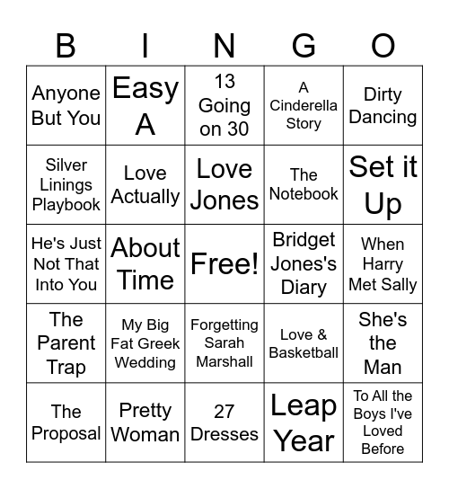 Rom Coms Bingo Card