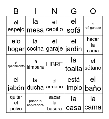 la Casa y los Quehaceres Bingo Card