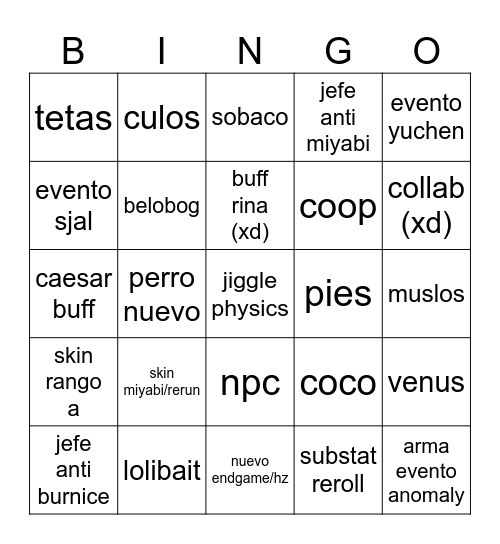 payojuan 2.8 Bingo Card