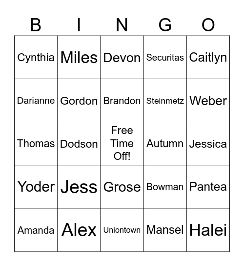 Uniontown Guardians Bingo Card