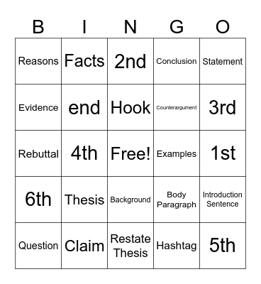 Argumentative writing Bingo Card