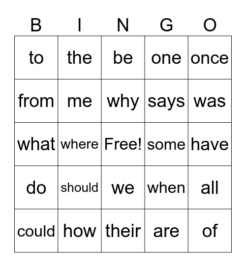 Tricky Words Bingo Card