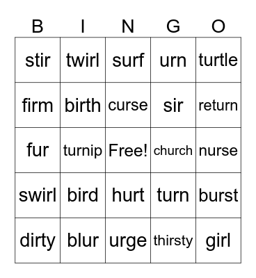 Ir, Ur Bingo Card