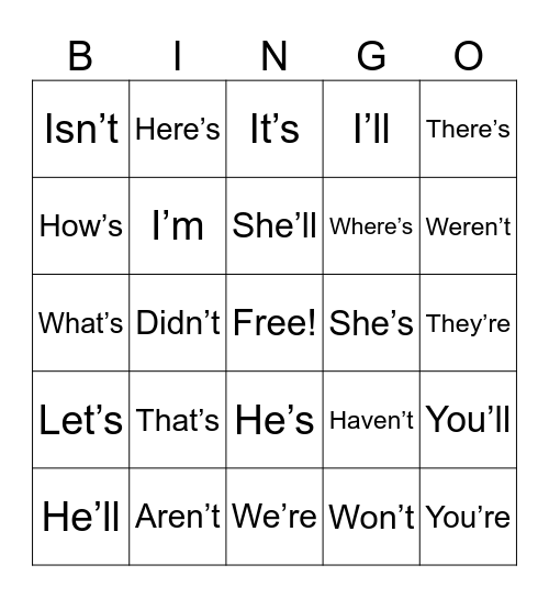 Contractions Bingo Card