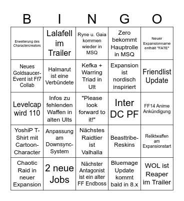 NA Fanfest Bingo Card