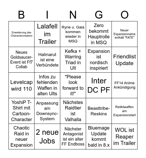 NA Fanfest Bingo Card
