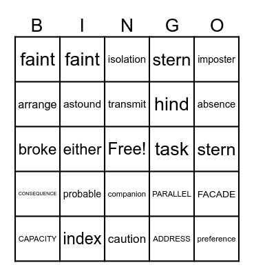 LEAD Time Vocabulary Bingo Card