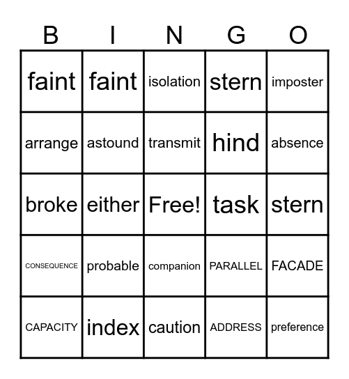 LEAD Time Vocabulary Bingo Card