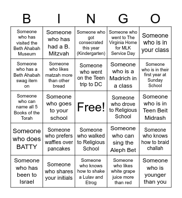 Last Day of Religious School Bingo Card