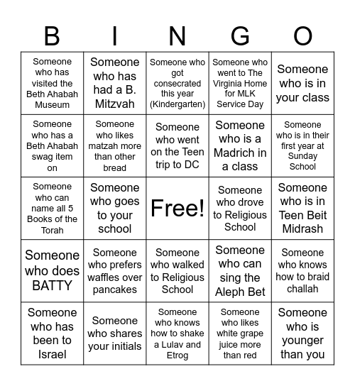 Last Day of Religious School Bingo Card