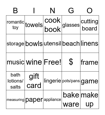 Bridal Bingo Card