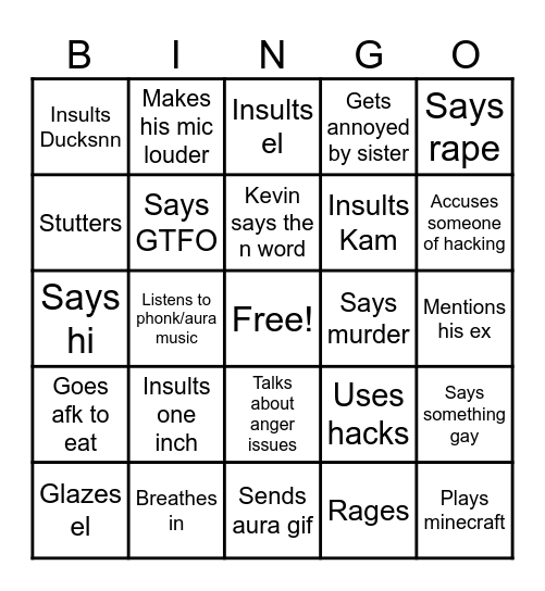 Kevin Bingo Card