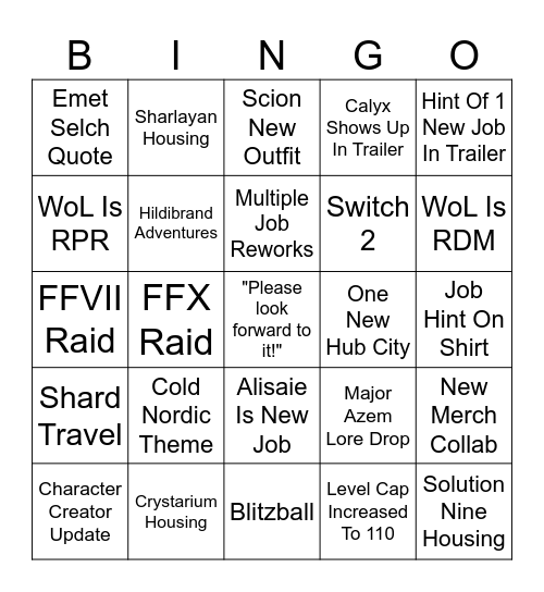 FFXIV 2026 NA FAN FESTIVAL Bingo Card