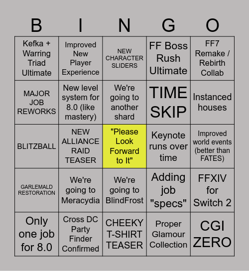 FFXIV US FanFest 2026 Keynote Bingo Card