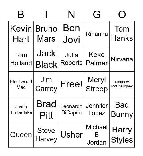 Celebrity Bingo Card