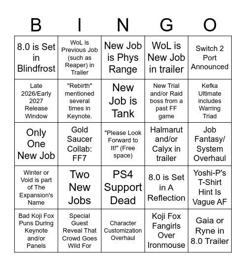 Final Fantasy XIV NA FanFest 2026 Bingo Card