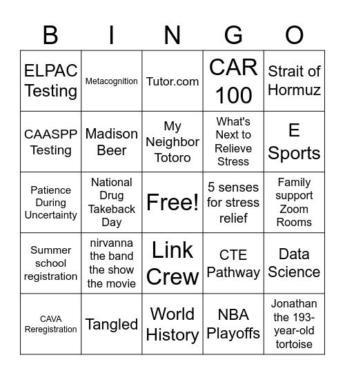 Homeroom April 24 Bingo Card