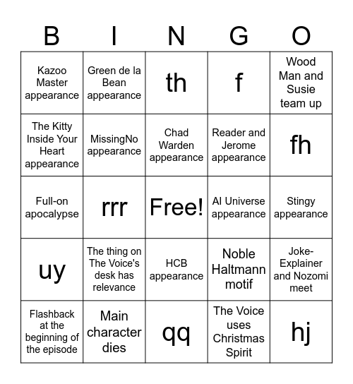 Christmas Comeback Crisis Episode 12 Bingo Card