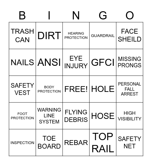 PPE, Fall Protection & Housekeeping Bingo Card