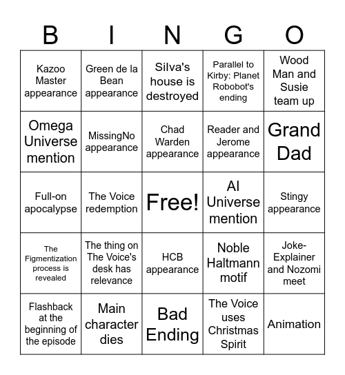 Christmas Comeback Crisis Episode 12 Bingo Card