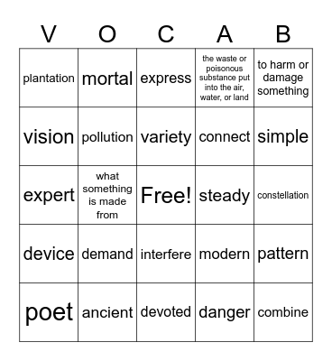 Language Live Vocab Bingo Card