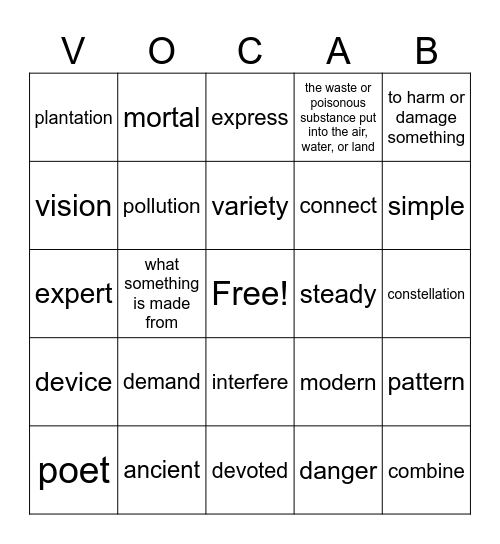 Language Live Vocab Bingo Card