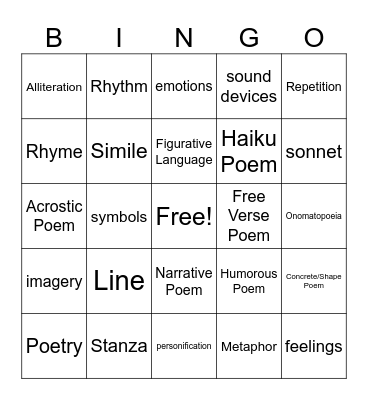 Poetry Bingo Card