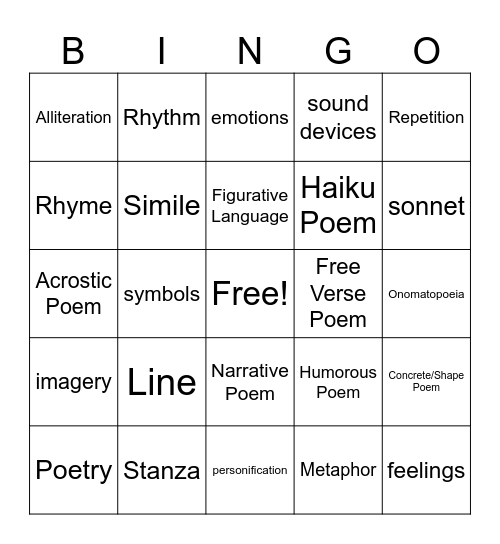 Poetry Bingo Card