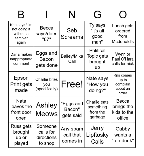 Friday Spencer Bingo Card