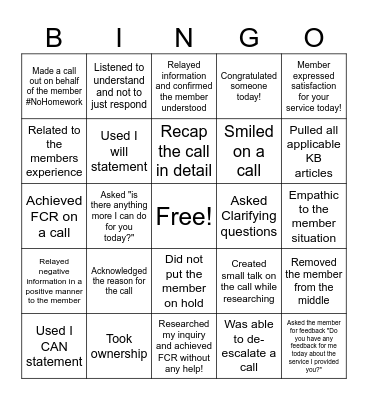 4C's BINGO to Service Excellence Bingo Card