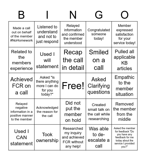 4C's BINGO to Service Excellence Bingo Card