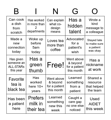 Care Experience Bingo Tea Party Edition Bingo Card